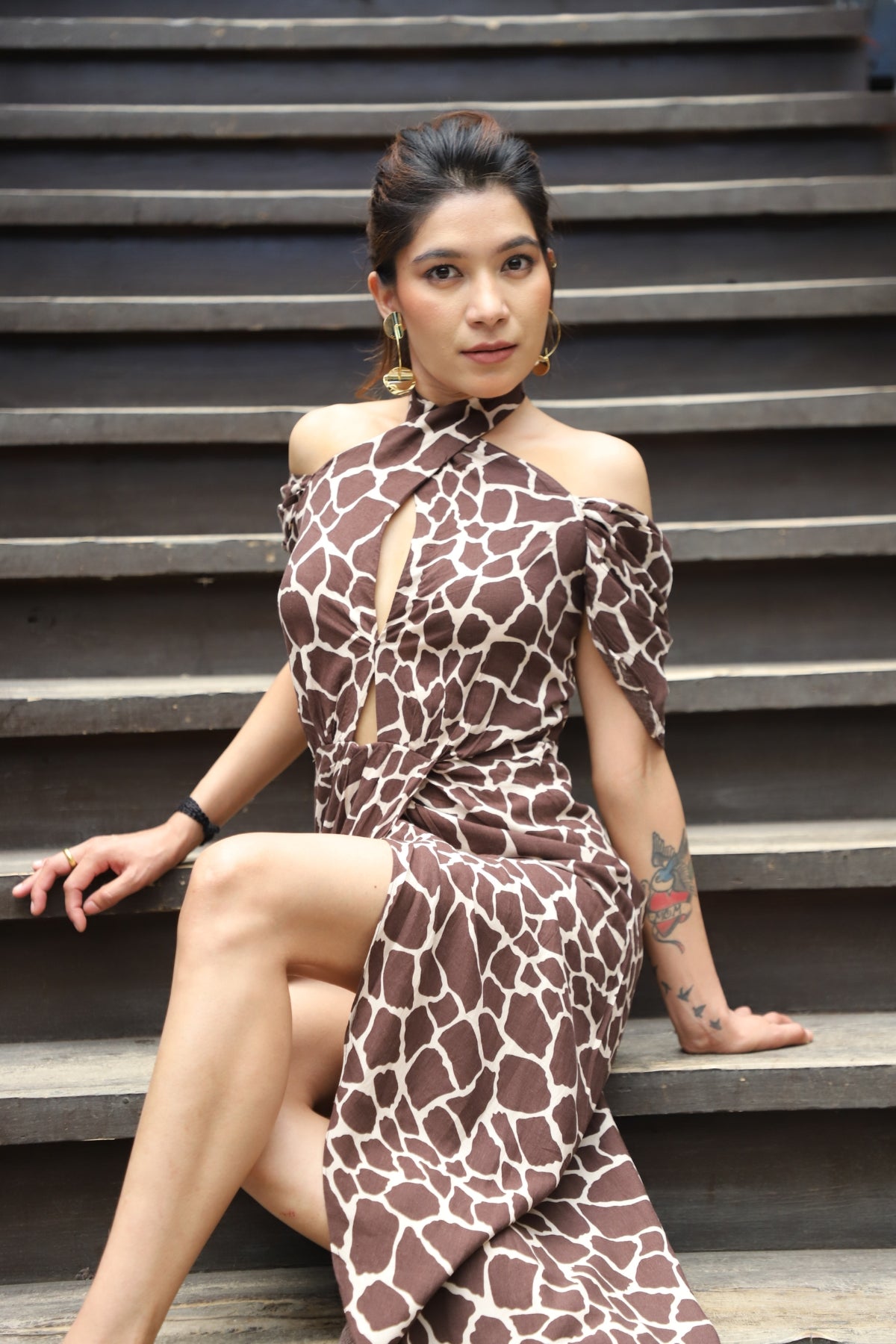 Exotic Cheetah Print Cross Neck Slit Dress