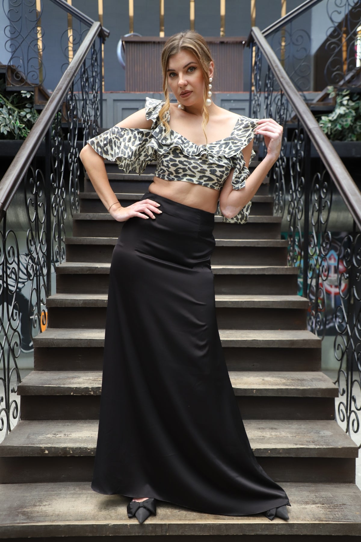 Sleek Satin Skirt and Cheetah Ruffle Top