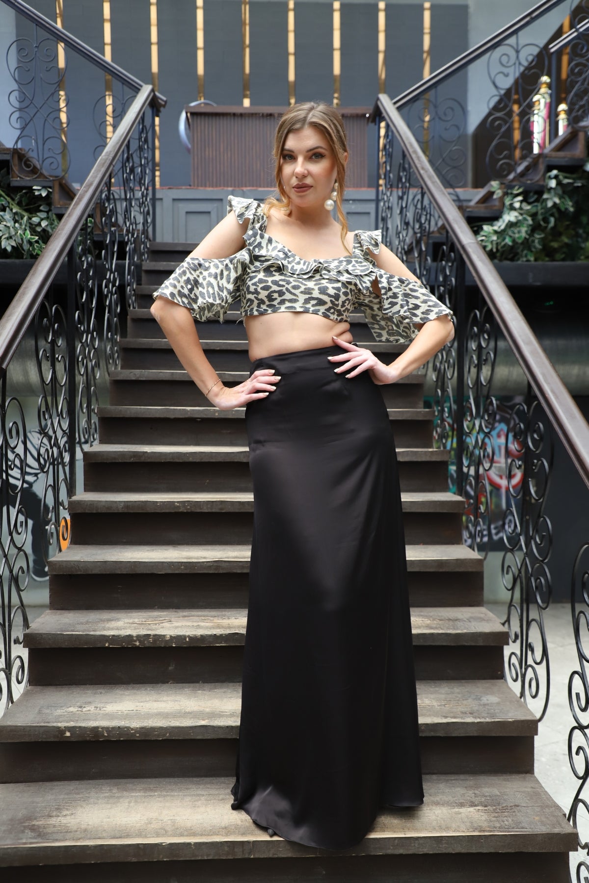 Sleek Satin Skirt and Cheetah Ruffle Top