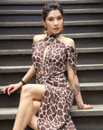 Exotic Cheetah Print Cross-Neck Slit Dress