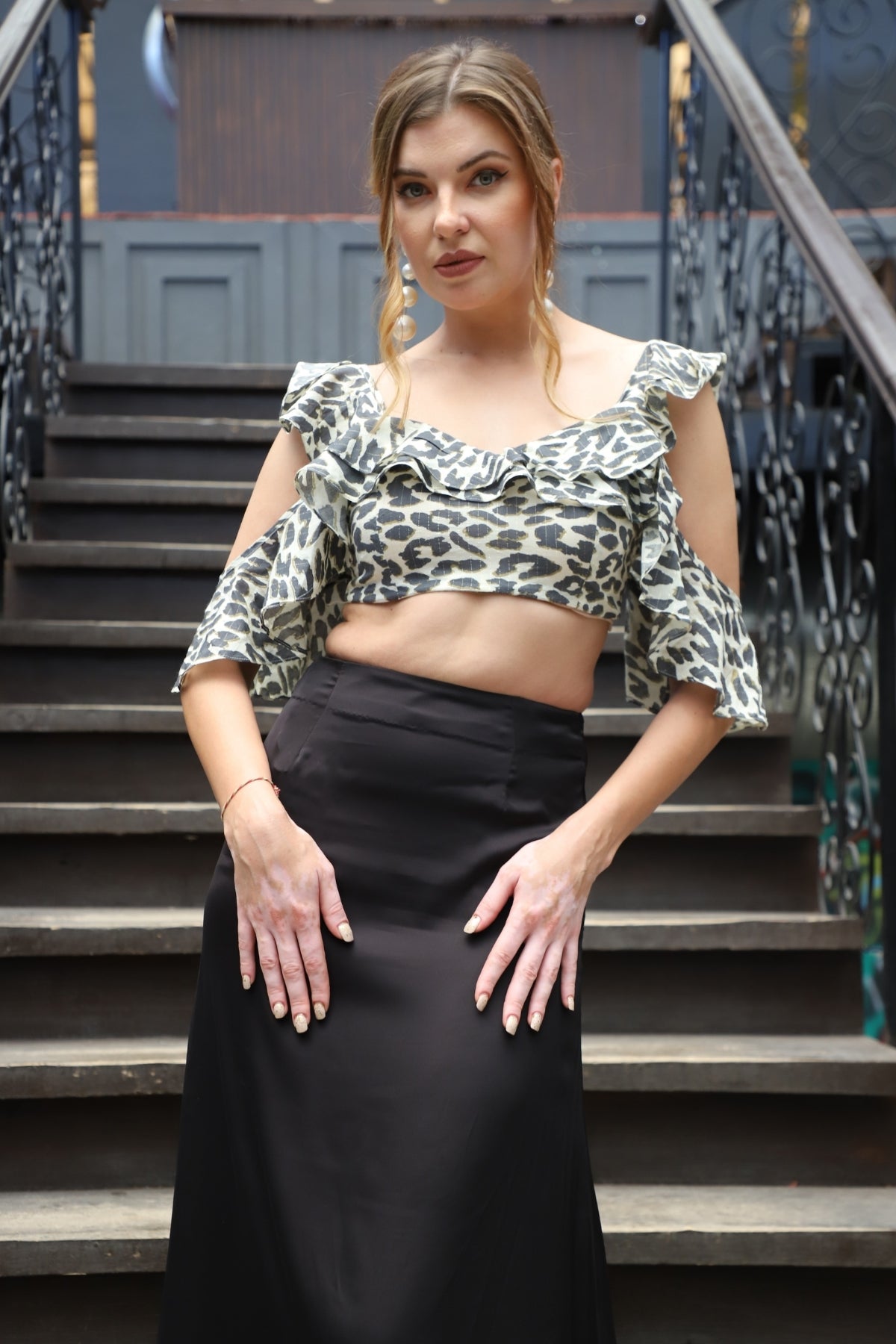 Sleek Satin Skirt and Cheetah Ruffle Top